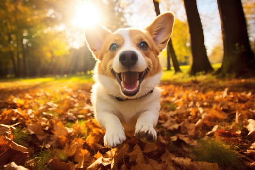 cute happy dog running and playing outside, dog in motion, AI Generated