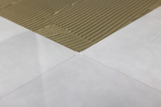 Detail of clips or spacers in lash tile leveling system, renovation or reconstruction concept