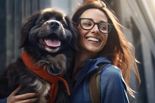 candid portrait young adult woman holding her dog in the street , AI Generated