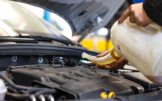 Professional car servis man changing the motor oil by a car engine, car service concept