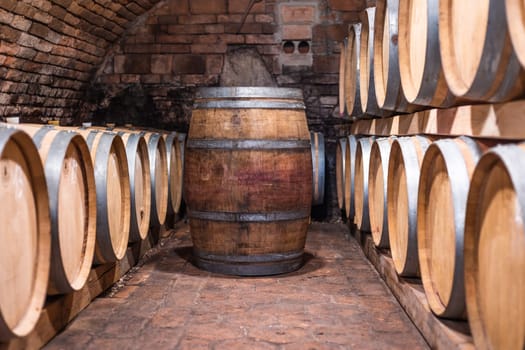 Wine cellar full of barrels of wine, alcohol concept