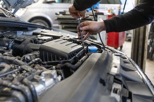 Professional car servis man changing an air filter by the car engine, car service concept