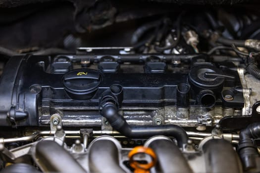 Close up of dirty diesel motor in a vehicle or car, transport concept