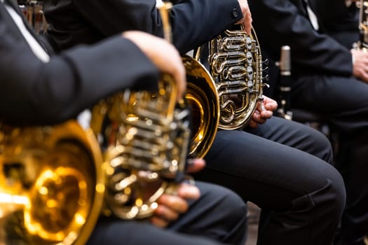 Philharmonic orchestra, musician playing on the french horn during a concert, cultural event