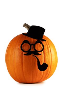 Pumpkin gentleman on Halloween in cylinder hat Mustache and glasses smoking pipe isolated on white background