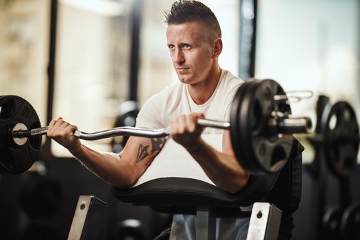 Shot of a muscular guy in sportswear working out at the hard training in the gym. He is pumping up biceps muscule with heavy weight.