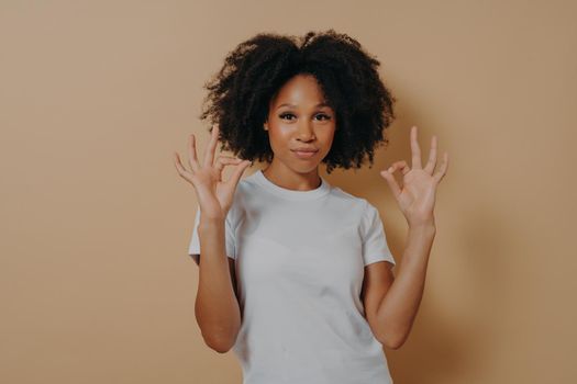 Everything is fine. Young confident african american lady in white tshirt keeping both hands in okay gesture, making ok sign while standing isolated over brown background in studio