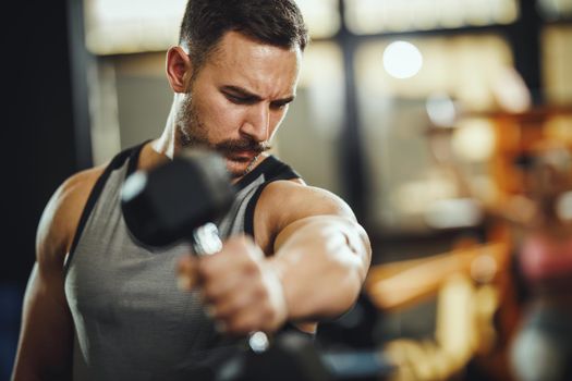 Shot of a muscular guy in sportswear working out with dumbbells at the cross training gym. He is pumping up shoulders muscule with heavy weight.