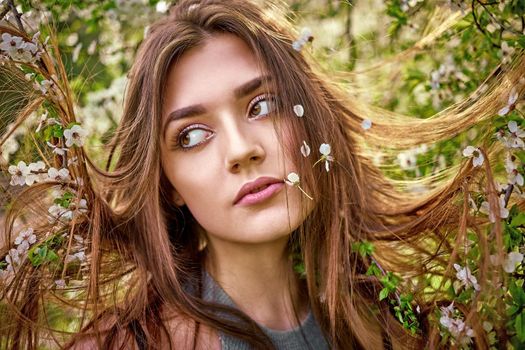 Beautiful young woman in blooming cherry garden.Hair got caught in the blossoming branches of Sakura