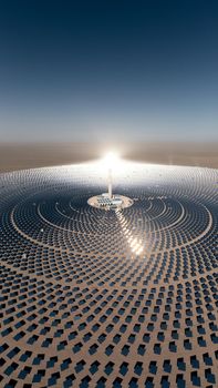 Photovoltaic power generation, solar Thermal Power Station. Shot in Dunhuang, China.