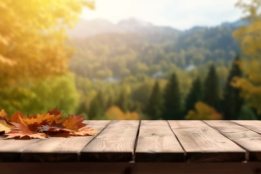 Autumn leaves on wooden table - seasonal concept, generative AI