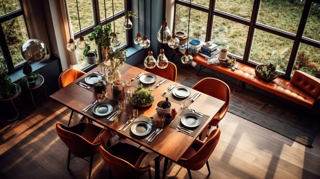 Photo of a beautifully set dining room table with elegant place settings