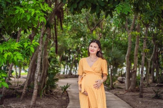 A serene and radiant pregnant woman after 40, surrounded by nature's beauty in the park, cherishing the journey of motherhood with a glowing smile.