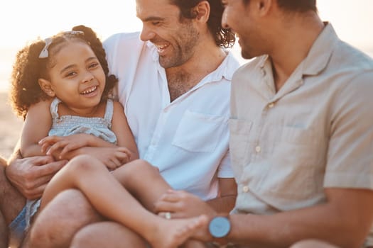 Gay couple, happy and relax with family at beach for seaside holiday, support and travel. Summer, vacation and love with men and child laughing in nature for lgbtq, happiness and bonding together.