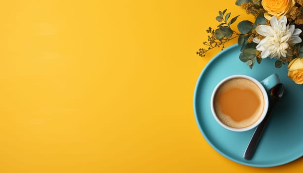 Steaming cup of hot coffee against pastel blue background. Bright retro colors with copy space. Delicious fresh coffee with smoke in yellow mug. Cup of coffee in the morning concept. Minimalism space for text