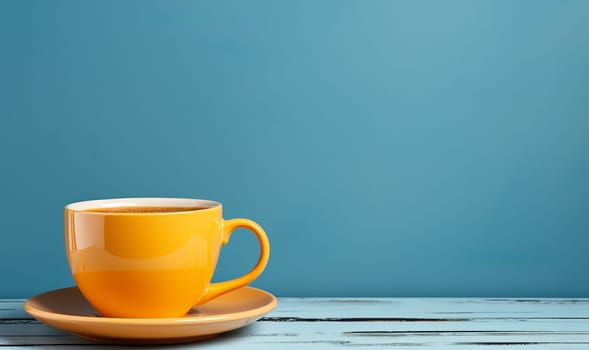 Steaming cup of hot coffee against pastel blue background. Bright retro colors with copy space. Delicious fresh coffee with smoke in yellow mug. Cup of coffee in the morning concept. Minimalism space for text