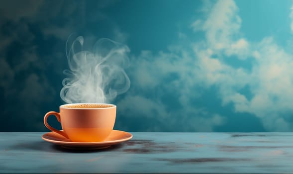 Steaming cup of hot coffee against pastel blue background. Bright retro colors with copy space. Delicious fresh coffee with smoke in yellow mug. Cup of coffee in the morning concept. Minimalism space for text