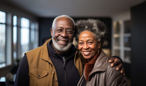 African American senior couple embracing.Happy senior african american couple embracing each other in there home. Retirement lifestyle concept. Elderly black couple in love beauty