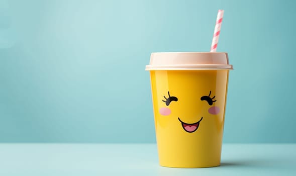 eco living, zero waste and sustainability concept - Colorful reusable drinking cup with straw and happy face smiley on pastel colors. copy space space for text