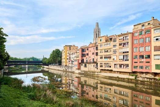 View of old town Girona, Catalonia, Spain, Europe. Summer travel.