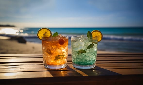 Two tasty refreshing tropical cocktails with beautiful ocean view for summer vacation. Two glasses with cocktails and blurry ocean beach on background. Vacation, travel, weekend, holidays concept with copy space. Alcohol cocktails. Party and nightlife at club concept space for text