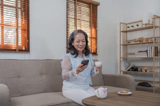 Middle aged gray haired Asian woman sitting alone texting on the mobile phone or shopping online alone retired woman on the sofa in the living room. And calmness, positive senior retired Concept.