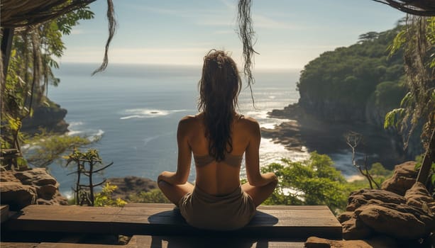 Yoga meditating studio location at edge of a tropical landscape with ocean view from cliff top. Healthy family lifestyle, summer travel on tropical islands. Bali location