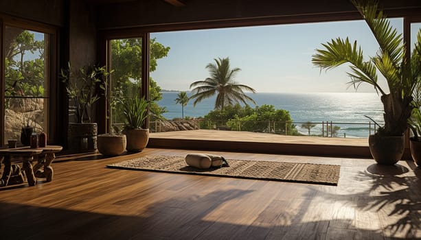Yoga meditating studio location at edge of a tropical landscape with ocean view from cliff top. Healthy family lifestyle, summer travel on tropical islands. Bali location