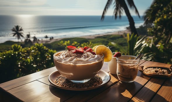 Smoothie bowl with tropical ocean view on summer Holiday.Smoothie bowl with colorful tropical fruits on wooden serving tray, top view from above. Summer healthy diet, vegan breakfast. Bali vegan food Sea background