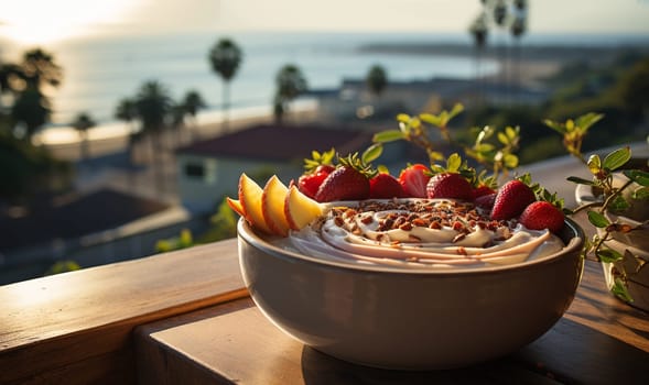 Smoothie bowl with tropical ocean view on summer Holiday.Smoothie bowl with colorful tropical fruits on wooden serving tray, top view from above. Summer healthy diet, vegan breakfast. Bali vegan food Sea background