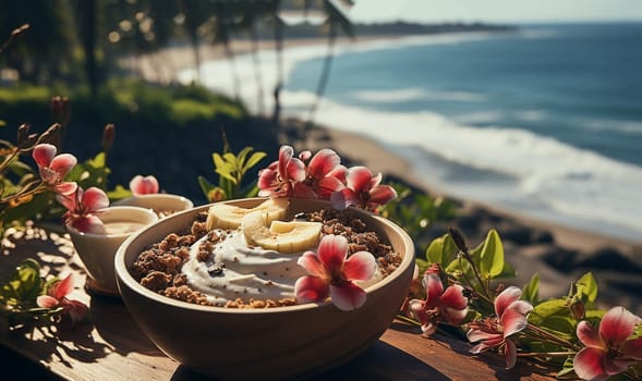 Smoothie bowl with tropical ocean view on summer Holiday.Smoothie bowl with colorful tropical fruits on wooden serving tray, top view from above. Summer healthy diet, vegan breakfast. Bali vegan food Sea background