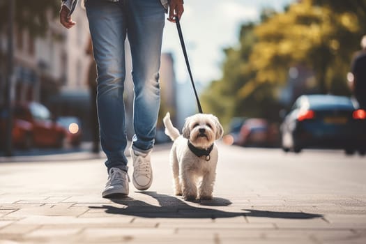 Pet care. dog walking with unrecognizable owner in city street crosswalk, summer sunny day, AI Generated