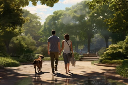 young couple walking dog in the city in autumn day, sun shines, AI Generated