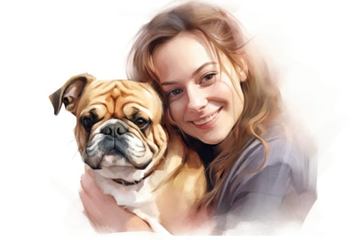 young adult woman holding her dog on white background, AI Generated