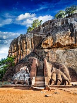 Famous Sri Lankan tourist landmark - lion's paws pathway on Sigiriya rock, Sri Lanka