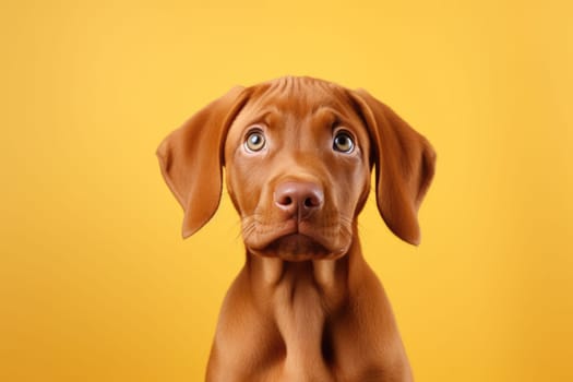cute hungarian vizsla puppy in studio on yellow background, AI Generated
