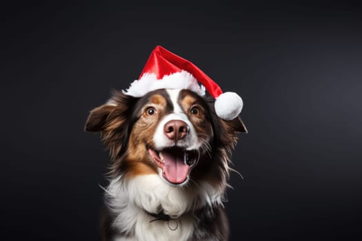 cute happy Border Collie wearing santa hat on black background, AI Generated