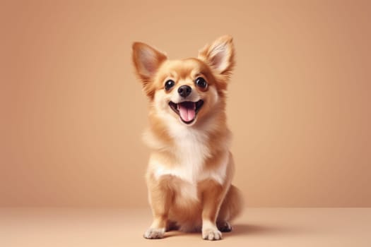 cute happy dog on beige background, AI Generated