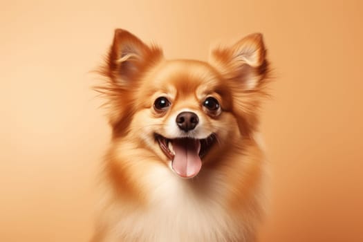 cute happy dog on beige background, AI Generated