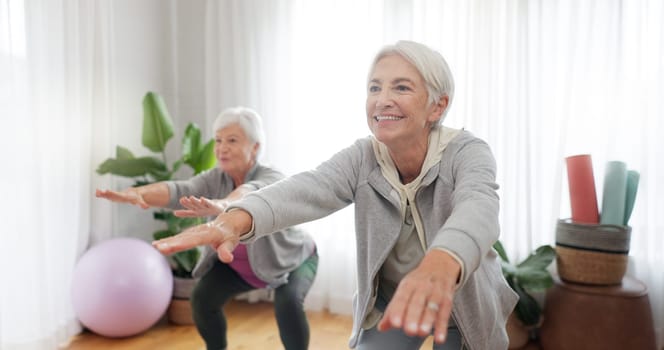 Fitness, yoga and senior woman friends in a home studio to workout for health, wellness or balance. Exercise, zen and chakra with elderly people training for mindfulness together while breathing.