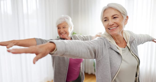Exercise, yoga and senior woman friends in a home studio to workout for health, wellness or balance. Fitness, zen and chakra with elderly people training for mindfulness together while breathing.