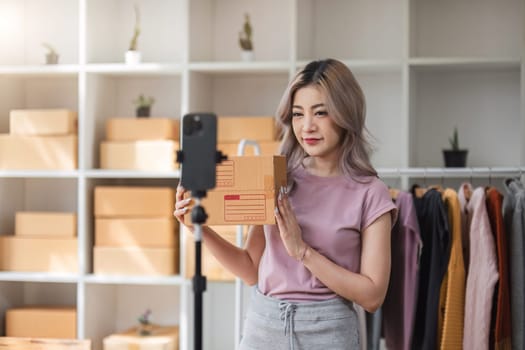 Blogger small SME business woman using mobile phone video call for sell clothes live stream selling online, show product present detail at home office, entrepreneur ecommerce.