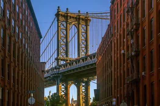 Manhattan bridge, cityscape of New York City in the United States of America at sunrise