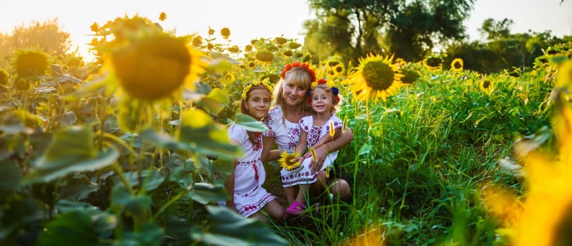 Family Ukraine in the field of sunflowers. Selective focus. Nature.