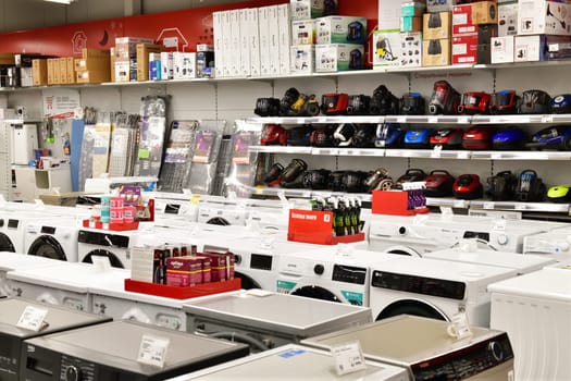 Moscow, Russia - Aug 01. 2023. Interior of Eldorado is large chain stores selling electronics goods