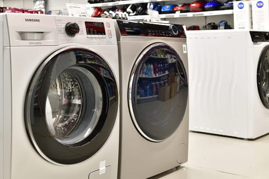 Moscow, Russia - Aug 01. 2023. washing machines in Eldorado is large chain stores selling electronics goods