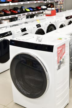 Moscow, Russia - Aug 01. 2023. washing machines in Eldorado is large chain stores selling electronics goods