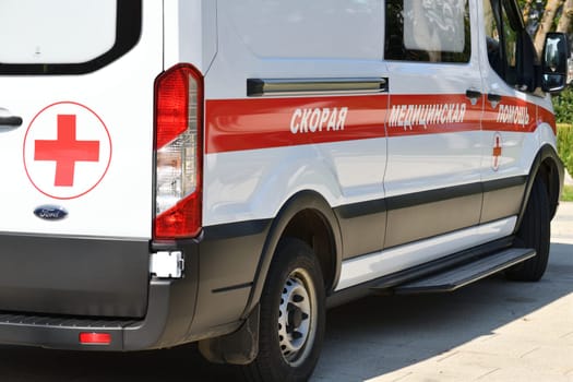 Moscow, Russia - Aug 04. 2023. An ambulance - writing on side of the car