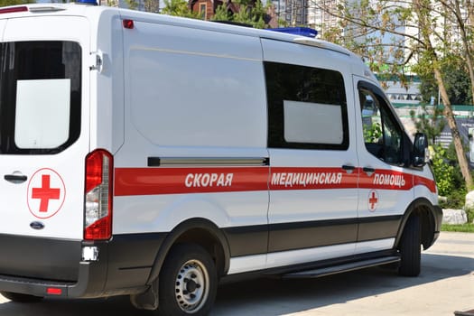 Moscow, Russia - Aug 04. 2023. An ambulance - writing on side of the car