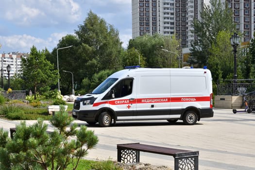 Moscow, Russia - Aug 04. 2023. An ambulance - writing on side of the car